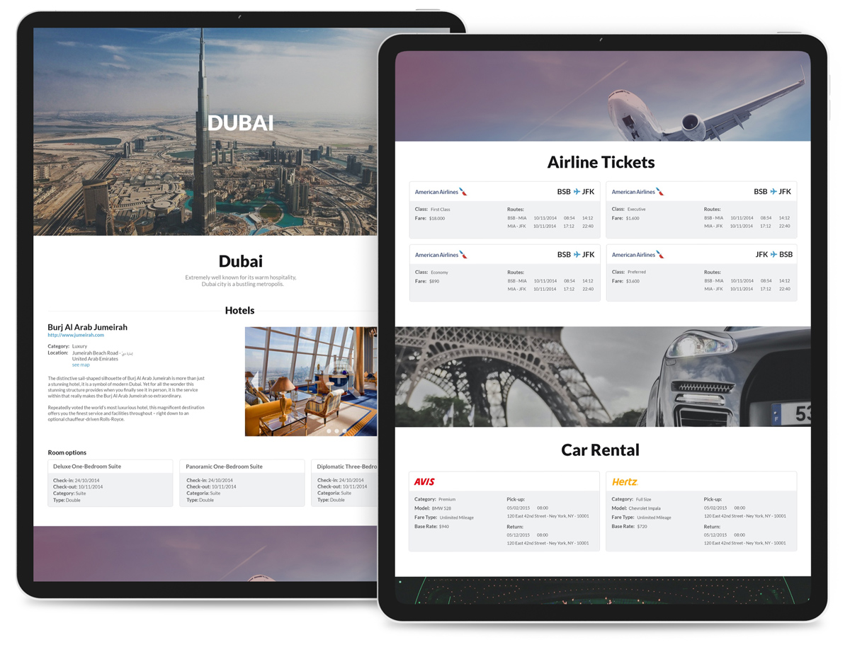 The Dalí trip-planning system shown across two iPads