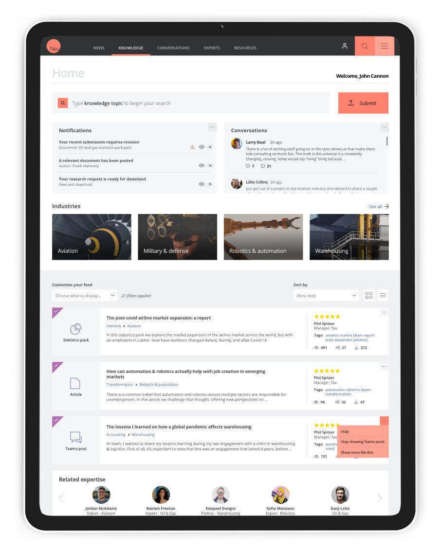 The Knowledge Suite home feed on a tablet: notifications, conversations, industries, and a personalized content feed with ratings